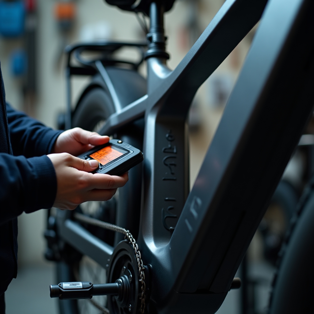 Mechaniker prüft den Akku eines E-Bikes an einem Diagnosegerät