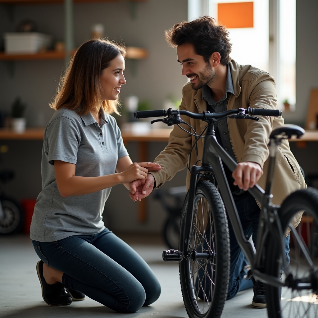 Werkstattmitarbeiter erklärt einem Kunden die Grundlagen der Fahrradpflege