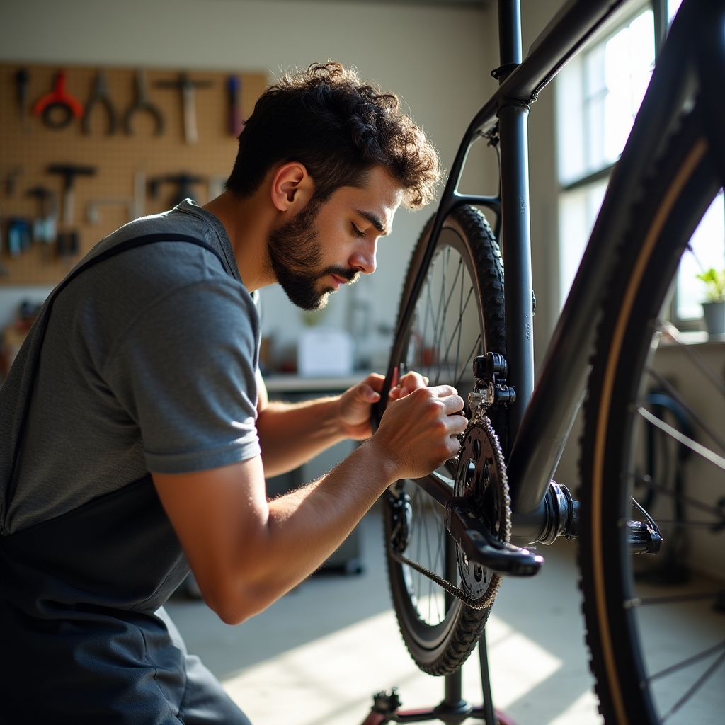 Mechaniker begutachtet ein Fahrrad auf der Werkbank während der Erstdiagnose