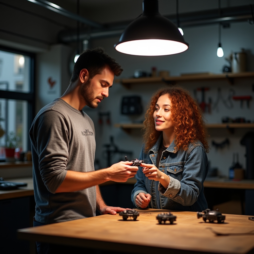 Mitarbeiter erklärt einem Kunden an der Werkbank die Funktionsweise der Bremsen