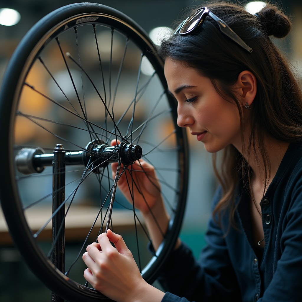Rennrad-Laufrad wird in einem Zentrierständer ausgerichtet