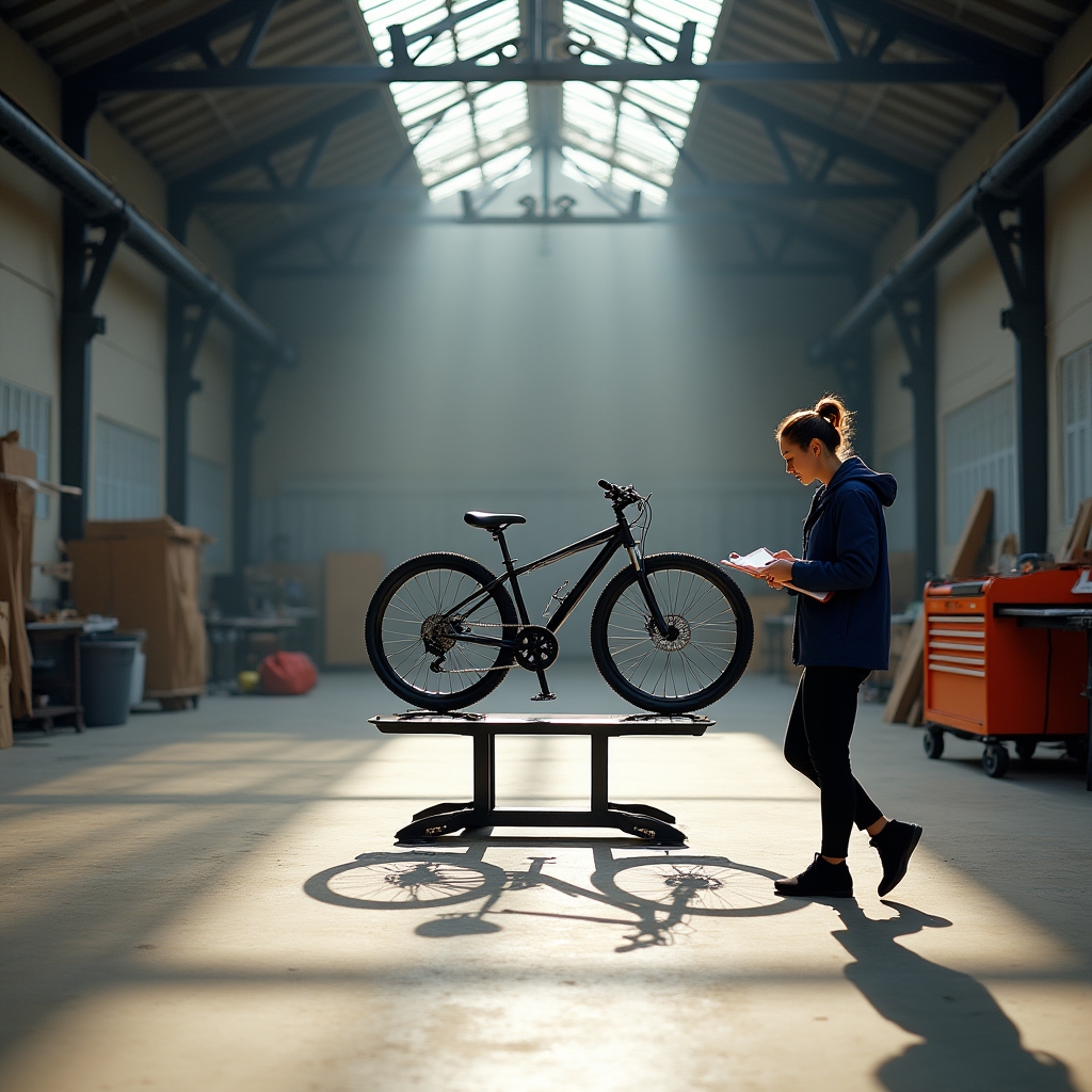 Fahrrad steht zur Prüfung in der Werkstatthalle während des Saisonchecks